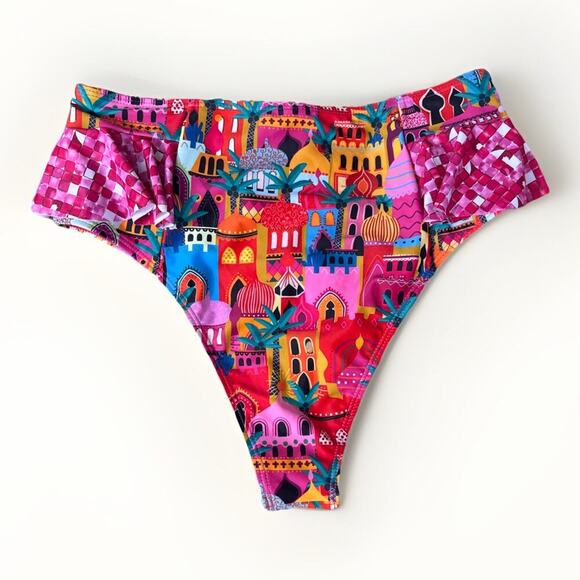 Sporlike Pink Floral Mediterranean Ruffle Bikini Bottoms Womens Size Large NEW - Picture 2 of 6